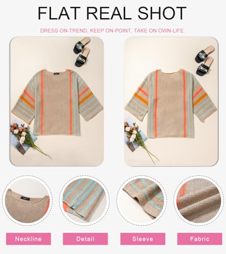 Image of Dokotoo Womens 2026 Spring Summer Casual Crewneck 3 /4 Sleeve Striped Lightweight Knit Trendy Boho Tops Pullover Sweaters