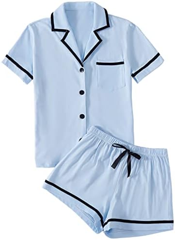 LYANER Women's Cotton Pajamas Set Button Short Sleeve Shirt with Shorts Set PJs Loungewear Light Blue Medium