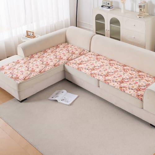 Image of HOKIPO 'Nature Muse' Premium HD Printed Holland Velvet L Shape (3+2 Seater) Sofa Cover Seat Mat, Rose Symphony (IN-916-D5 + IN-918-D5)