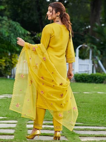 Image of INDO ERA Women's Silk Blend Straight Kurta and Pant with Dupatta Set