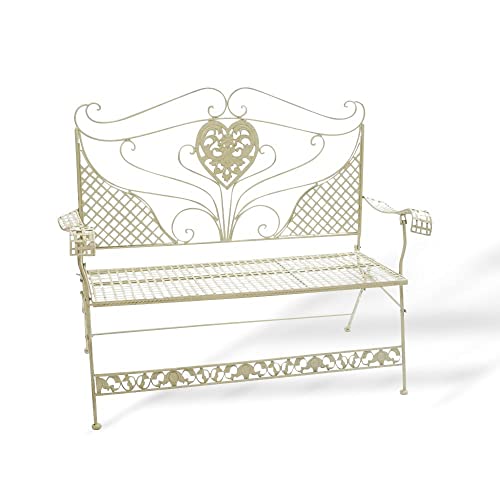 Nostalgie Gartenbank Herz Blumen Eisen antik Stil creme weiss Gartenmöbel Bank - 2