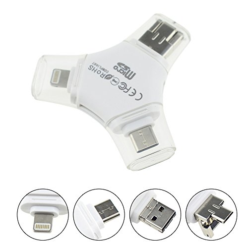 Tipmant 4 in 1 iPhone USB Flash Drives Clé USB I-FlashDrive OTG pour iPhone iPad (Lightning), Téléphone Portable Android (Micro USB, Type C), PC/Mac (USB) (Card Reader Only)
