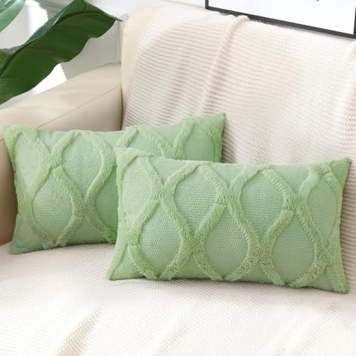 decorUhome Throw Pillow Covers 12x20 Inch Set of 2, Soft Plush Faux Fur Wool Lumbar Sage Green Couch Pillow Covers, Decorative Neutral Pillow Cases for Bed Sofa Living Room Home Decor