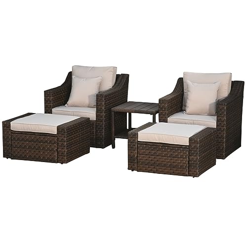 Juego de 5 sillones de ratán de polietileno para exteriores con 2 sillas, 2 otomanas, juego de conversación de mesa de café, tamaño único