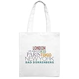 Material:100% Baumwolle Jutebeutel mit Stadtnamen Bad Dürrenberg - Motiv Famous Cities in the World - Farbe weiß - Stoffbeutel, Jutesack, Hipster, Beutel