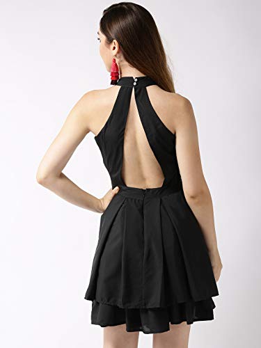 Image of Sera Women's Black Polyester Fit and Flare Pleated Midi Backless Dress