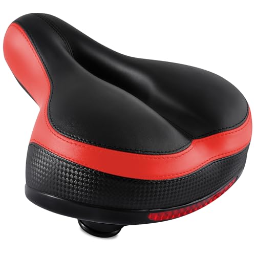 IPOW Comfort Bike Seat for Women or Men, Bicycle Saddle Replacement Padded Soft High Density Memory Foam with Dual Shock Absorbing Rubber Balls Suspension Universal Fit for Indoor/Outdoor Bikes/Red