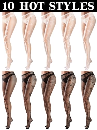 Image of Ramede 10 Pairs Fishnet Thigh High Stockings for Women Goth Fish Nets Lace Mesh Tights High Waist Fishnet Leggings Pantyhose