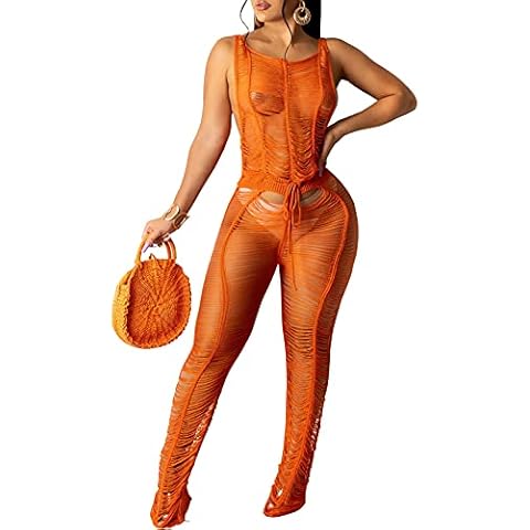 CXINS Women Sexy One Piece Hollow Out Crochet Beach Bikini Jumpsuit Sleeveless Long Pant Knitted See Through Beach Cover Up Orange Size XL Cover