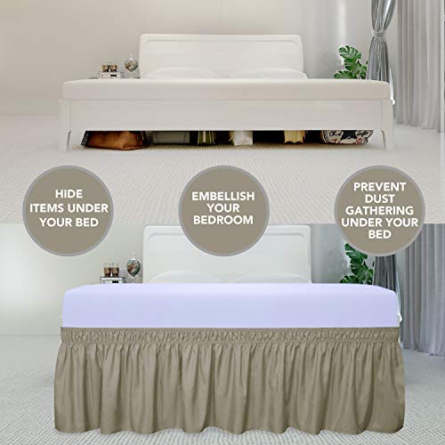 PureFit Wrap Around Ruffled Bed Skirt with Adjustable Elastic Belt - 22 Inch Drop Easy to Put On, Wrinkle Free Bedskirt Dust Ruffles, Bed Frame Cover for Queen, King and C-King Size Beds, Sand