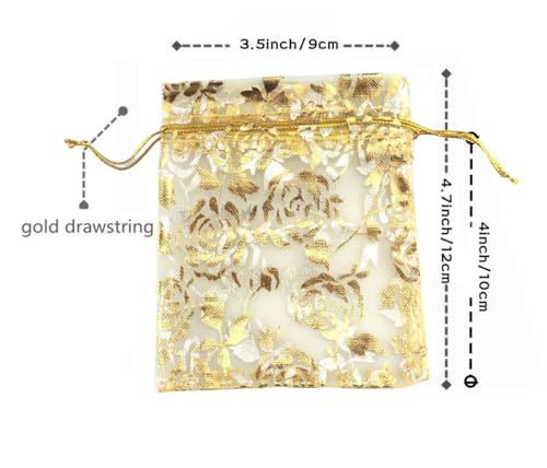 Image of 100 pcs 3.5 x 4.7 Inch Flower Heart Organza Jewelry Gift Pouch Candy Pouch Drawstring Wedding Favor Bags X92 (gold gold flower)
