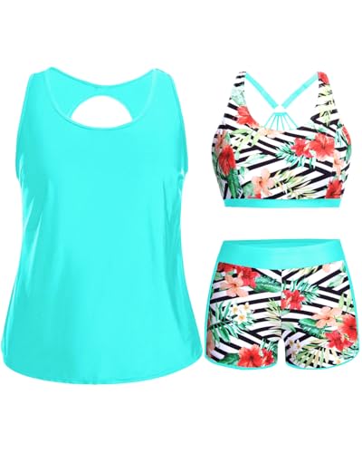 Image of Holipick Women Plus Size Swimsuits - Athletic 3 Piece Tankini with Shorts