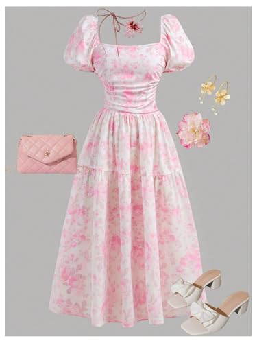 Girl's Floral Ruffle Dress Ruched Short Puff Sleeve Square Neck Flowy Long Party Dresses3