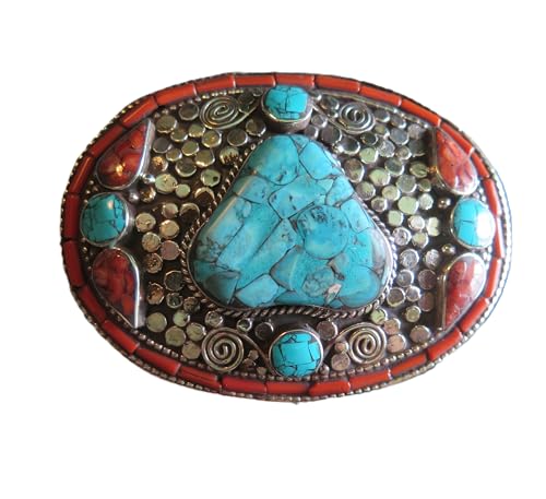 TDbN Oval Design Belt Buckle Inlaid Turquoise Coral Stones German