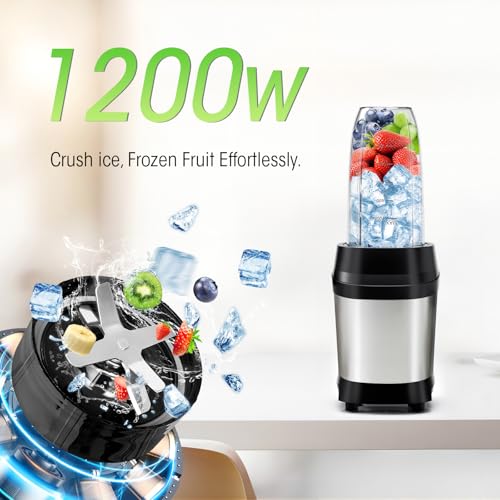 Nahida 1200W Ice Crushing Blender, 6-Fin Blades, 23oz/32oz/37oz Easy Go Cups, Silver