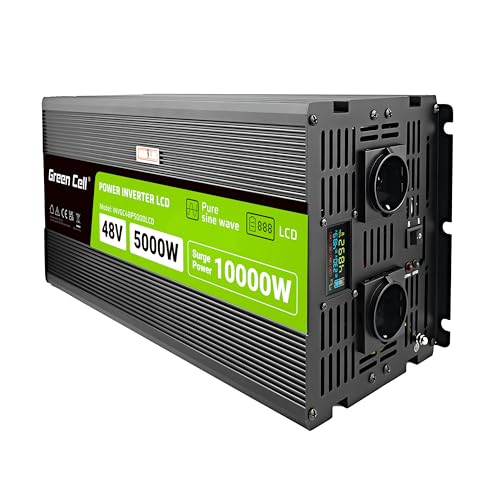 Alimentazione Affidabile in Viaggio: Convertitore Green Cell 48V-230V con onda pura, ideale per alimentare dispositivi elettronici in auto, camper o barca, con potenza utile di 5000W e impulsiva di 10000W.
