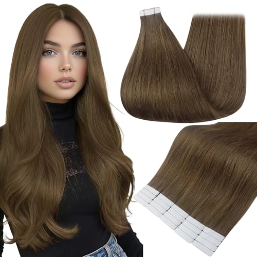 Image of Full Shine Human Hair Extensions Tape in, Chestnut Brown 10 Inch | 30g 20PCS, Invisible Double Sided Natural Hair Extensions Real Human Hair Tape in Fashion-Inspired Looks for Women