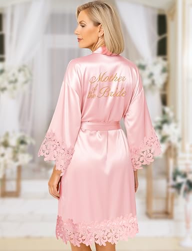 Image of EPLAZA Bride Robe for Wedding Day Set Bridal Robe Lace Trim Silky Embroidery Satin Kimono for Bridal Party