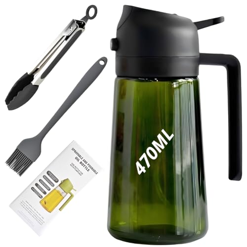 Botella Aceitera de Spray 470ml, Pulverizador Aceite 2x1, Vertedor de Aceite, Dispensador de Vinagre, Vidrio Negro, Pulverizador Ensaladas. Accesorios: Pinzas acero Inox y Cepillo de Reposteria.