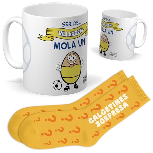 Set ser del Villarreal | Taza ser del villarreal mola un huevo + Calcetines Sorpresa | Regalo Original y Divertido para Hombre o Mujer | Cumpleaños, Navidad, Aficionados, Familiares, Fútbol