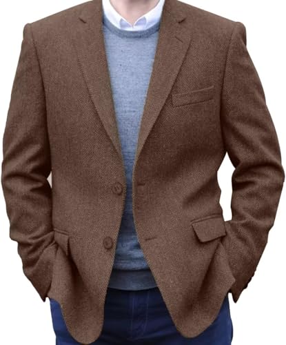 Mens Tweed Blazer Vintage Casual Herringbone Tweed Jackets Two Button British Wool Blend Sport Coat Khaki Jacket XL