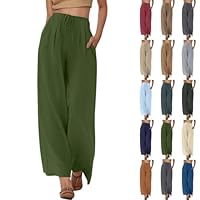 2025 Pantaloni Estivi da Donna in Lino Pantaloni Casual in Cotone e Tessuto di Lino Pantaloni Casual Monocromatici Pantalone da Spiaggia a Vita Alta e Gamba Larga con Tasche (A2-Dark Verde, L)