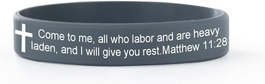 QINGDUO Matthew 1128 Religious Waterproof Silicone Wristbands Christian Bible Verses Cross Bracelets Scripture Rubber Bracelets Faith Hope Belief Inspirational Bible Bracelets for Men Women,Grey