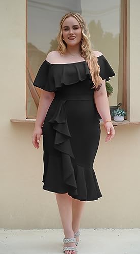 Gobles Women's Elegant Off The Sholder Back Zipper Ruffles Bodycon Midi Cocktail Dress Black #TOP4