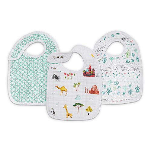 Image of aden + anais Baby Drool Bibs Soft and Absorbent 100% Muslin Cotton Adjustable Bandana Snap Bibs Set for Boys and Girls, 3 Pack, Around the World
