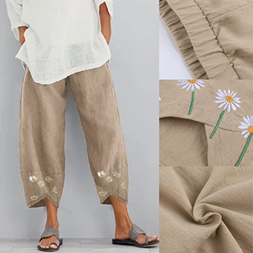 Women Boho Trousers Leg Waist Cotton Women Embroidery Print Linen Pants Daisy Elastic Casual Wide Pants2