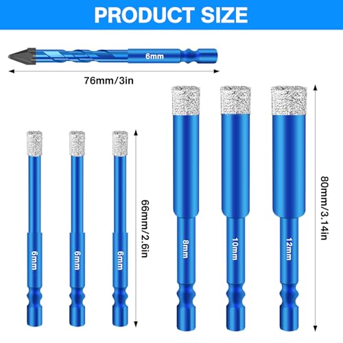 Pilikoll 7 Pcs Diamond Core Drill Bits Set Diamond Drill Bit with Hex Shank Vacuum Brazed Hole Saw diamond Hole Saw Core Drill Bit for Glass Ceramic Porcelain Marble(6/6/6/8/10/12/6mm) 2 Pilikoll 7 Pcs Diamond Core Drill Bits Set Diamond Drill Bit with Hex Shank Vacuum Brazed Hole Saw diamond Hole Saw Core Drill Bit for Glass Ceramic Porcelain Marble(6/6/6/8/10/12/6mm) - Image 2
