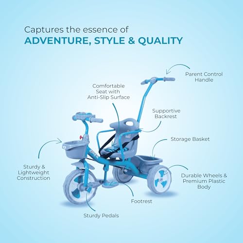 Image of ViniToys Sparx PH Baby Tricycle for Kids 1 to 5 Years with Removable Parental Control Handle, Safety Guard, Seat Belt, Footrest, Music, Storage Baskets and Wide Grip Wheels (Light Blue, Sparx PH)
