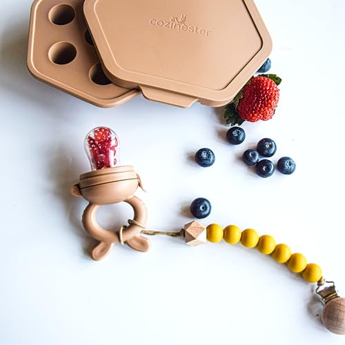 Image of Baby Fruit Feeder & Teething Relief | Baby Feeding Essentials | Innovative Baby Teething Relief Tool | BPA Free Breast Milk Popsicle Teether for Self Feeding | Includes 2 Pouches (Brown)