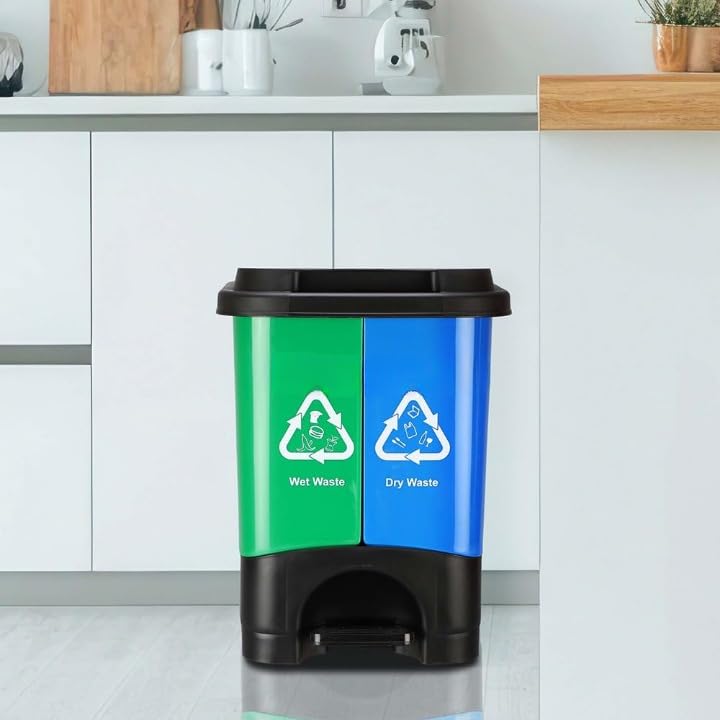 Image of Twin Bin Dustbin Dry & Wet Waste Pedal Dustbins / 2 In 1 Dustbin Trash Can /Plastic Garbage Bins with Lid for Home Kitchen - Blue & Green Colour (Large - 33Ltr)