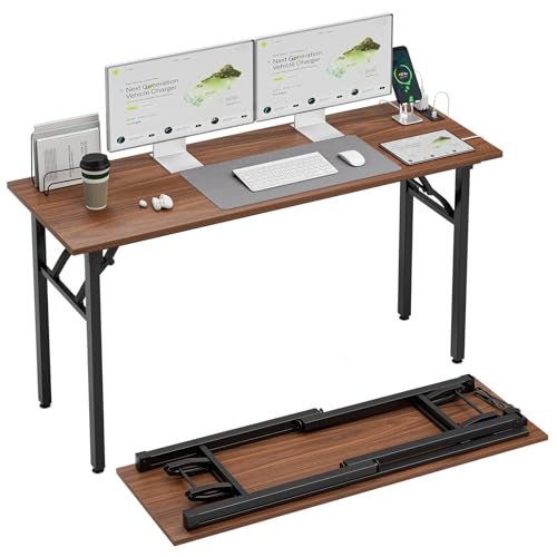 TEMI Long Computer Desk Folding Table - No Assembly, Compact 55.1" Foldable Desk with Power Outlets & USB Charging Port, Portable Lagre Office Desk, Ideal Large Study Table for Narrow Spaces, Walunt
