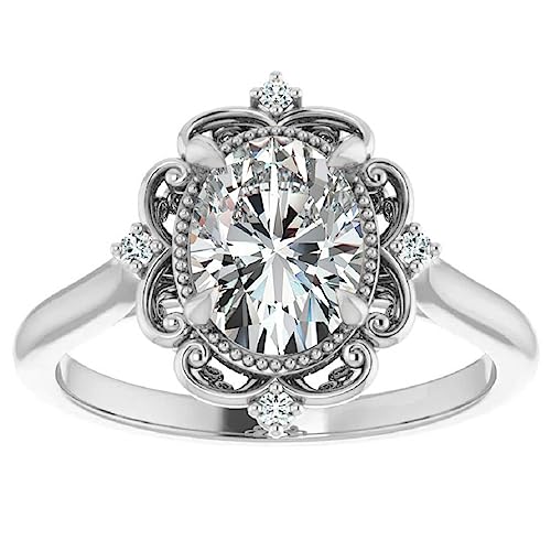 2.5 Carat 14K White Gold Vintage Halo Style Channel Ring Oval Brilliant Diamond Engagement Ring Milgrain with Moissanite Center3