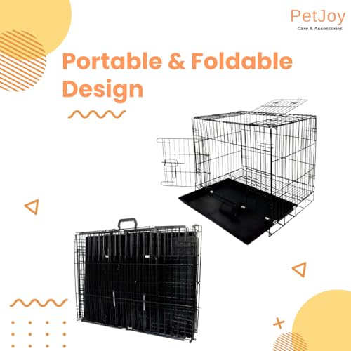 Image of PETJOY Foldable Metal Cage | 24 Inch Dog Crate Kennel for Puppies, Medium Dogs, Cats & Rabbits | Double Door with Secure Lock, Removable Leak-Proof Tray | Portable & Easy to Clean Pet Cage (Black)