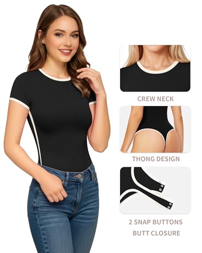 Image of MANGOPOP Women's Round Neck Short Sleeve Bodysuit T Shirts Basic Body Suit Tops