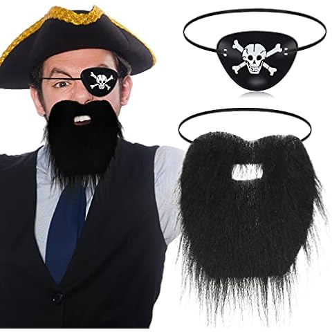 2 Pcs Halloween Pirate Accessories Include Pirate Fake Beard and Eye Patch for Kids Adult Realistic False Beard Skull and Crossbones Eye Patches Pirate Costume Set for Halloween Party Supplies Cover