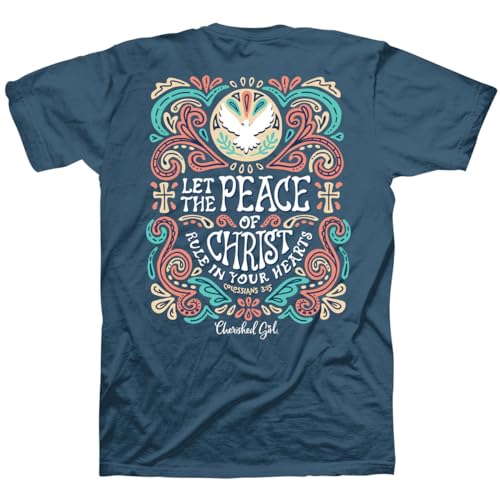 Kerusso Cherished Girl, Faith Message, Womens Adult, Indigo Blue Comfortable Cotton, Crew Neck T-Shirt, Peace of Christ, Medium