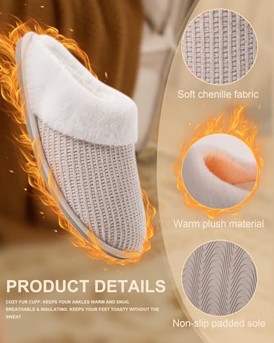 DULCET Slippers for Women,Memory Foam with Fuzzy Collar Indoor House Slippers Bedroom Non-slip Plush Slippers/Beige3