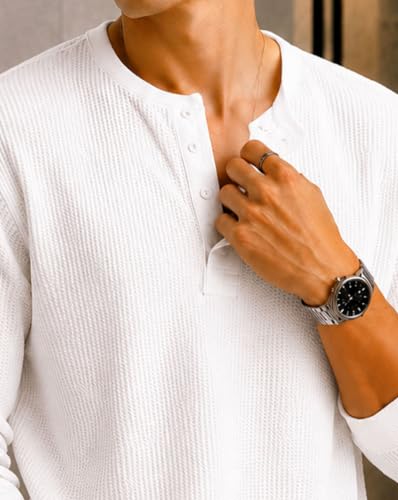 Image of AUSK Men's Waffle Knit Henley T-Shirt | Cotton Blend Full Sleeve Textured Casual T Shirt | Regular Fit Button Placket Round Neck Tshirt for Men