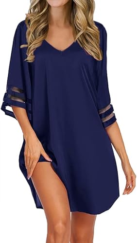 CzDolay Women's Nightgown Novelty Sleepshirts V Neck Sleep Shirt Loose Comfy Pajama Sleepwear (Navy Blue, XL)