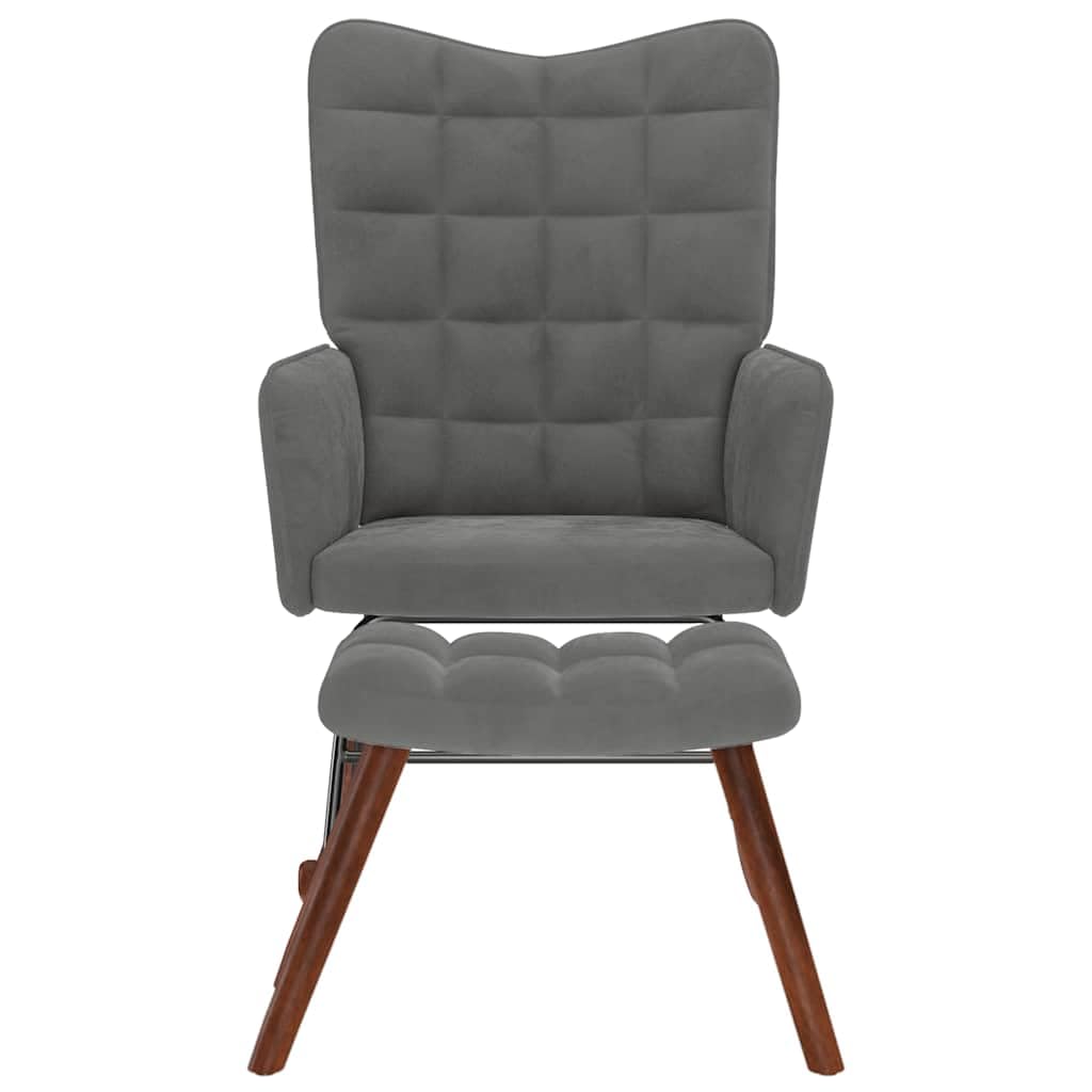 Mecedora con taburete de terciopelo gris oscuro, cómodo sillón con asiento y respaldo acolchados gruesos, marco estable de madera contrachapada y metal, patas de madera para un soporte seguro
