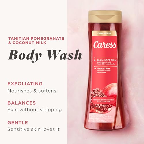 Image of Caress Tahitian Pomegranate & Coconut Milk Exfoliating Scrub Body Wash with Hyaluronic Acid & Vitamin B3 for Moisturized, Silky Soft Skin, Long-Lasting Fragrance, 20 fl oz (4 Pack)