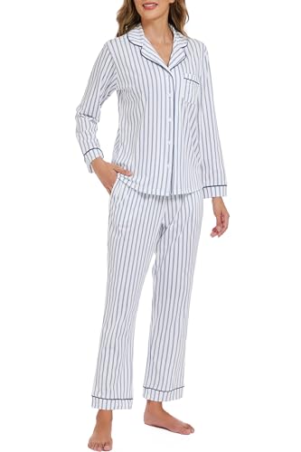 Image of LUBOT 100% Cotton Pajamas for Women Pajama Set 2 Piece PJ Sleepwear Set Soft Ladies Button Knit Long Sleeve Loungewear XS-XXL