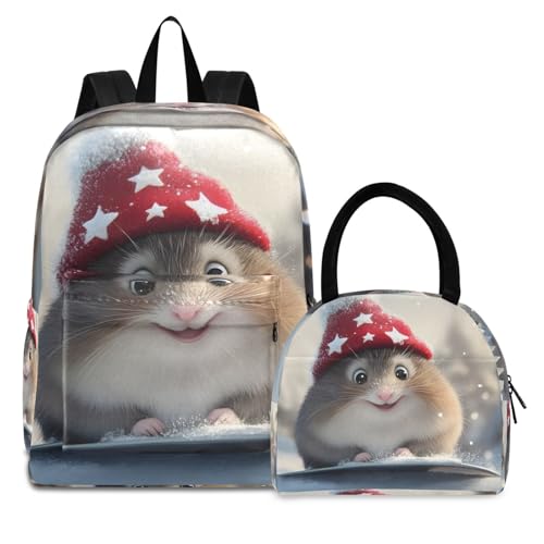 Cute Hamster Print Backpack Set with Lunch Bag, Large Capacity Travel Backpacks and Lunch Box Insulated for Commute Hiking Picnic