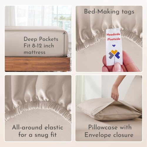 Image of California Design Den 100% Cotton Pack of 2 Twin XL Sheet Sets, Soft & Durable Extra Long Twin Sheet Sets with 12 inch Pockets, Twin XL Sheets with Sateen Sheets - Beige (Warm Taupe)