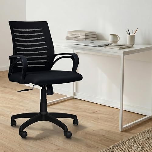 Image of Amazon Brand - Solimo Sitly Mid Back Revolving Office Chair for Work from Home, Study, and Computer Use | Heavy Duty Base | Ergonomic Mesh Design | Durable & Comfortable Seating (Black Mesh)