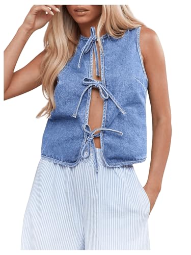 MakeMeChic Women's Jean Vest Tie Front Sleeveless Crop Denim Vest Top Jackets